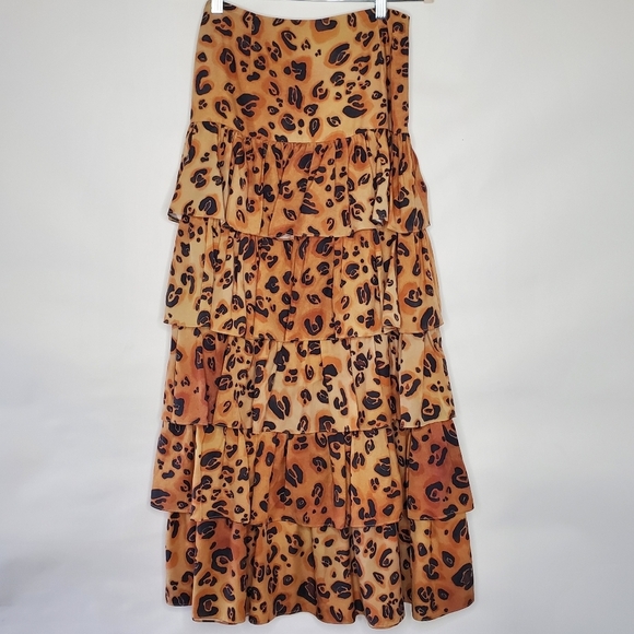 Mara Hoffman Marzia Tiered Maxi Skirt Size 2 Animal Print Ruffle Tan Brown Party - Picture 2 of 12
